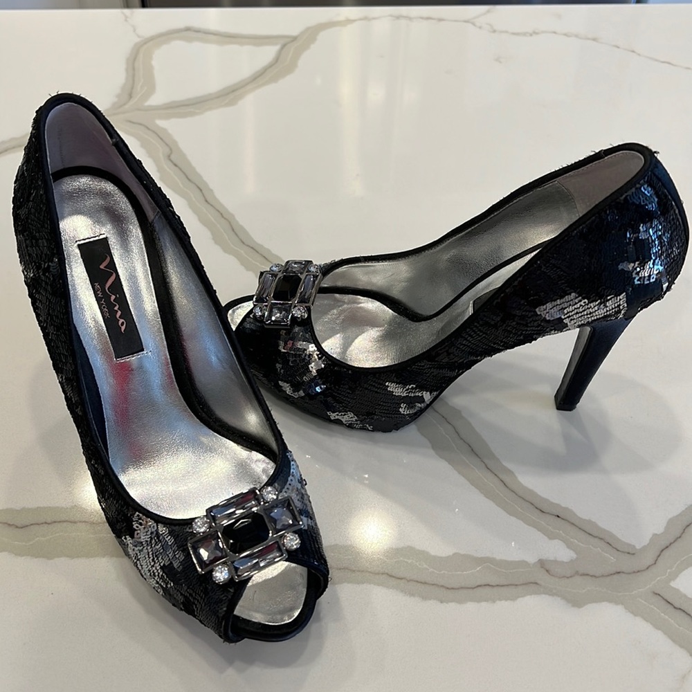 Nina Jewels & Sequins Peep Toe Heels